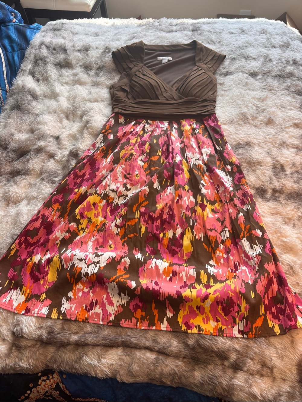Vintage Y2K dressbarn Brown Bodice Floral Dress with Pink and Yellow Accents